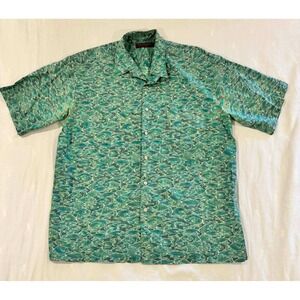 Tori Richard Honolulu Mens Large Green Fish Print Cotton Lawn Camp Shirt L